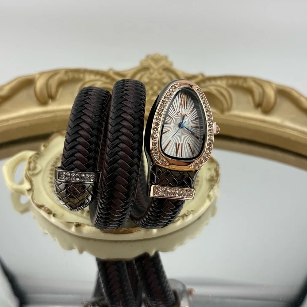 Serpenti Style Wrap Watch –Brown & Black Faux Leather Rose Gold Tone Silver Dial